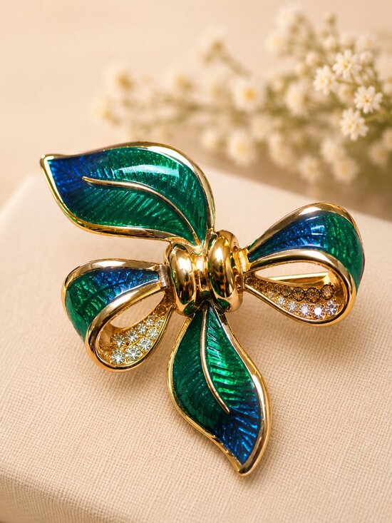 Jewelry - Vintage Green & Blue Guilloché Enamel Bow Brooch Gold Tone Rhinestone Pin